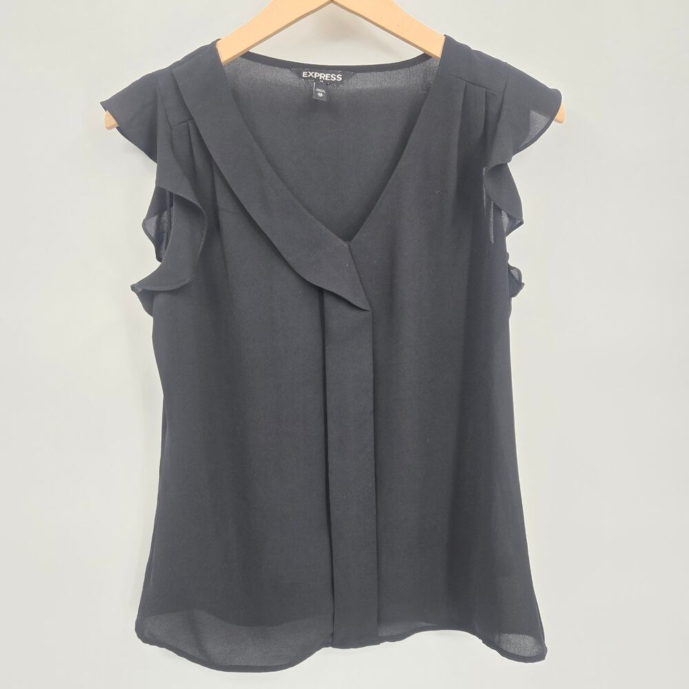 Express XS Black Blouse Top Shirt Tank Top Ruffle Sleeve V Neck Relaxed Sheer